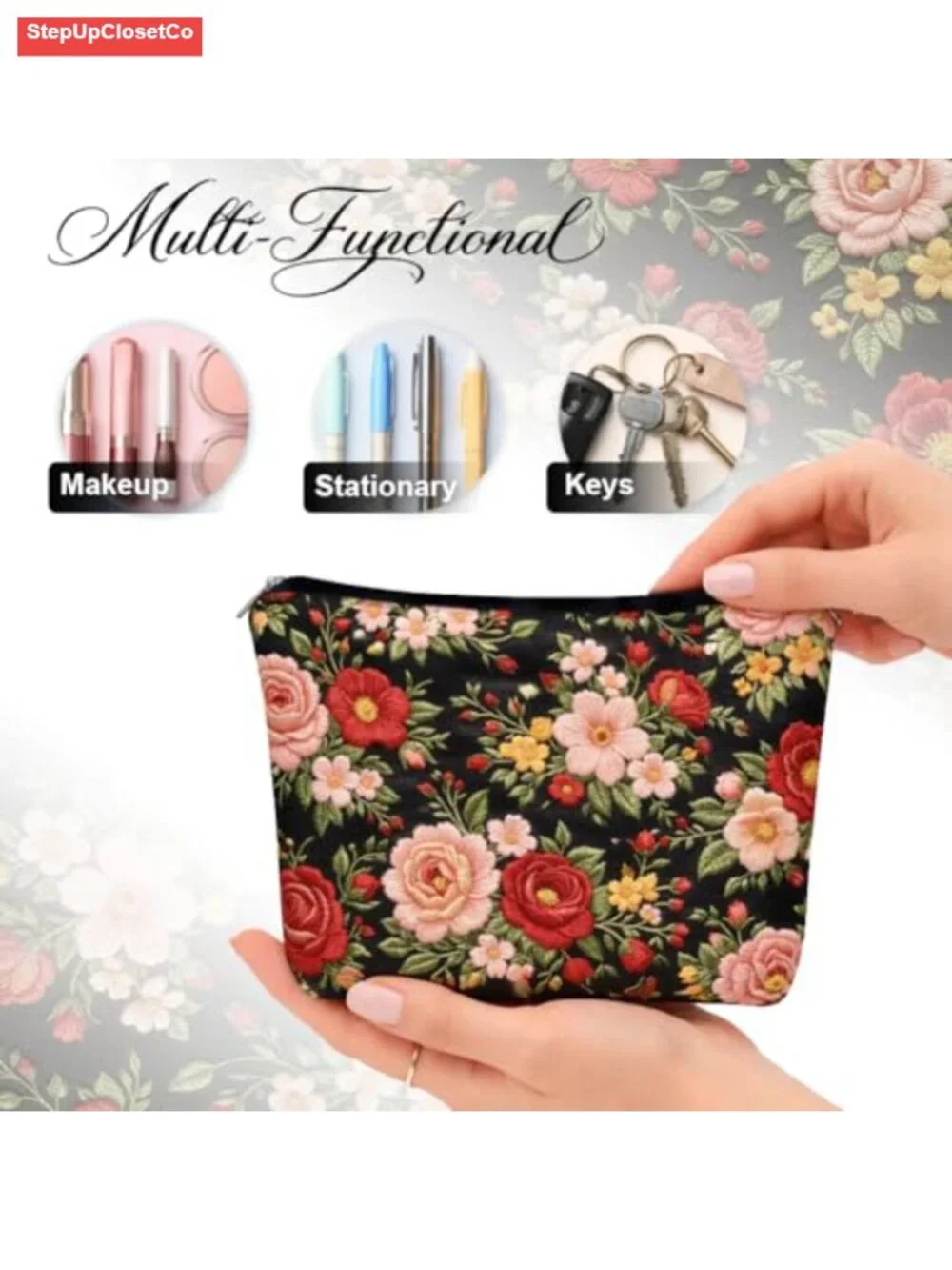 Embroidered Floral Makeup Bag, Double Sided Polyester Cosmetic Pouch, Large